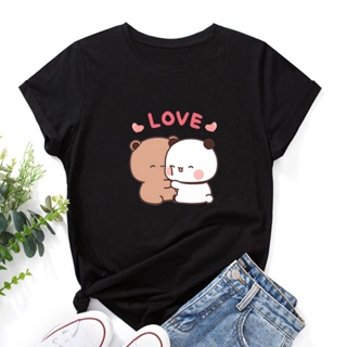 Panda Bear LOVE T Shirt Womens 100% Cotton Bubu Dudu Couple Tops Short Sleeve Print Summer Aesthetic Korean Tees Harajuk
