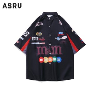 ASRV เสื้อผู้ชาย เสื้อจับคู่สีสไตล์อเมริกันเทรนด์ฤดูร้อนเสื้อยืดลำลองหลวมคู่พิมพ์ชุดแข่ง เสื้อเชิ้ตชมพู