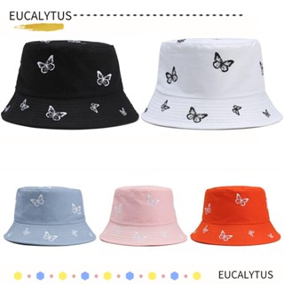 Eutus หมวกบักเก็ตแฟชั่น ปักลายผีเสื้อ สองด้าน