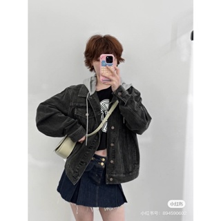 DETO CEL Beaute 2023 autumn and winter new fake two-piece design denim coat color matching hooded design letter logo printing fashion style