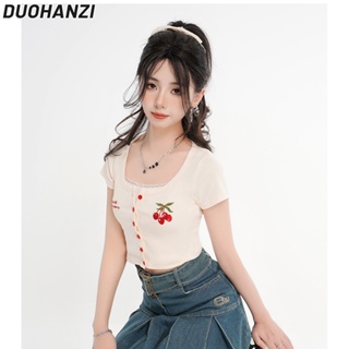 Duohanzi เสื้อยืด แขนสั้น เอวสูง เซ็กซี่ สําหรับผู้หญิง