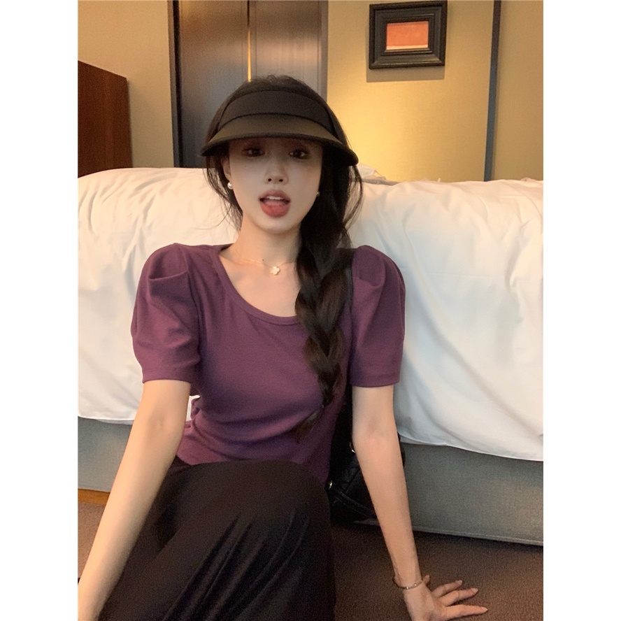 เสื้อยืดแขนสั้น-แขนพัฟ-เข้ากับทุกการแต่งกาย-แฟชั่นฤดูใบไม้ร่วง-สไตล์เกาหลี-คลาสสิก-สําหรับผู้หญิง