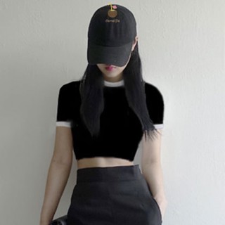 เสื้อครอปท็อปแขนสั้น คอกลม แบบสวมหัว เข้ารูป สวมใส่สบาย แฟชั่นฤดูร้อน สําหรับผู้หญิง