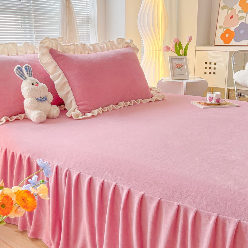 กระโปรงเตียงขนแกะนมรุ่นเกาหลีป้องกันไฟฟ้าสถิตย์กระโปรงเตียงผ้าฤดูหนาวผ้าที่สะดวกสบาย-ผ้าคลุมเตียงแบบกระโปรง