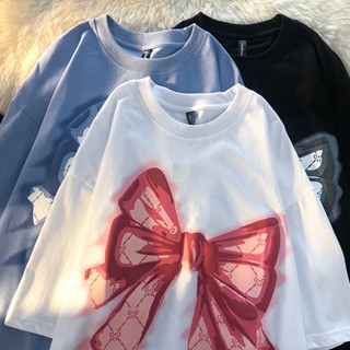 ใหม่ เสื้อยืดแขนสั้นลําลอง ทรงหลวม พิมพ์ลายโบว์ สไตล์เกาหลี วินเทจ แฟชั่นฤดูร้อน สําหรับสตรี 2023