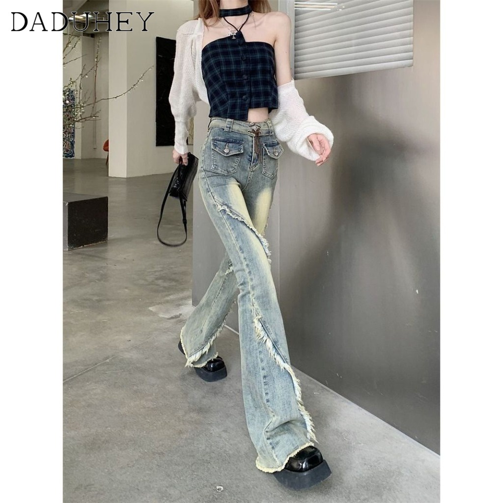 daduhey-new-american-style-retro-slimming-jeans-womens-spring-summer-high-waist-frayed-mop-floor-bootcut-trousers-casual-horseshoe-pants