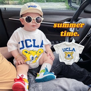 ชุดบอดี้สูท แขนสั้น ผ้าฝ้าย ลายการ์ตูนเสือ UCLA น่ารัก แฟชั่นฤดูร้อน สําหรับเด็กทารกแรกเกิด