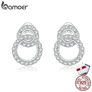 Bamoer Double Circle Stud Earrings for Women 925 Sterling Silver Ear Pins Wedding Engagemetn Statement Jewelry Brincos BSE388