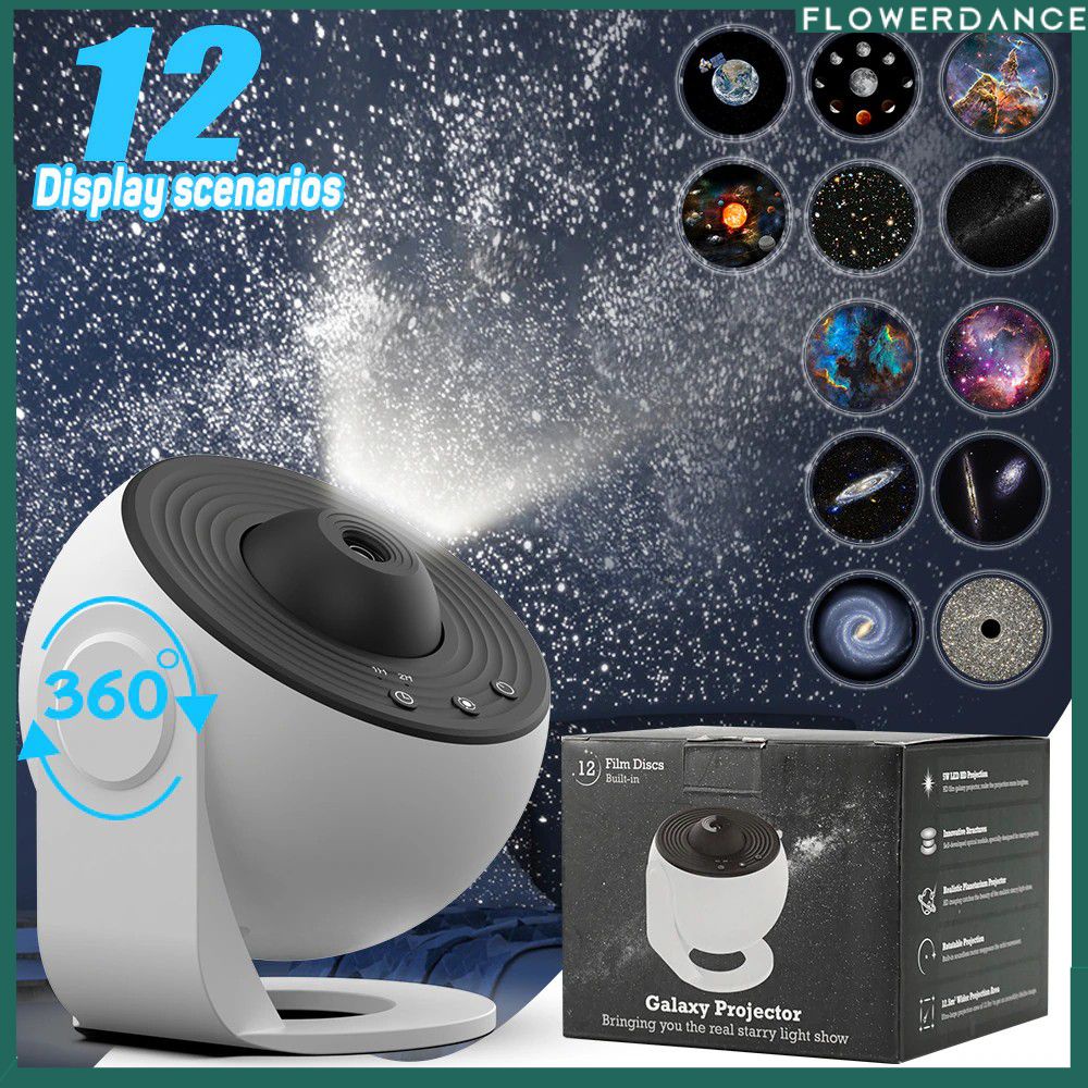 เครื่องฉายไฟกลางคืน12-in-1-galaxy-ดาว360-หมุนท้องฟ้าเต็มไปด้วยดวงดาวอวกาศดวงจันทร์ตกแต่งผนังไฟกลางคืนท้องฟ้าท้องฟ้าโรแมนติกดอกไม้โคมไฟฉาย