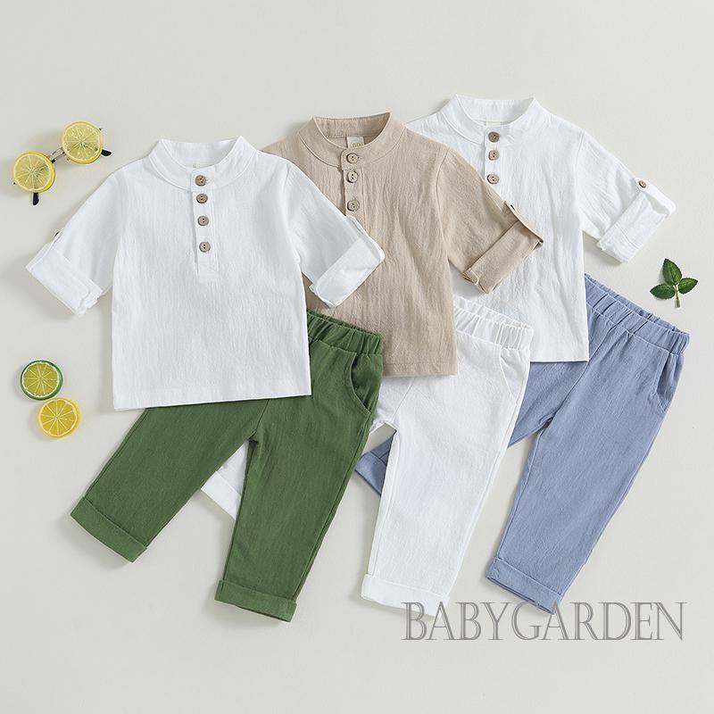 babygarden-6-เดือน-4-ปี-ชุดเด็กผู้ชาย-ฤดูร้อน-กระดุม-สีพื้น-เสื้อแขนสั้น-และกางเกงขายาว-เอวยางยืด-2-ชิ้น-ชุดเสื้อผ้า