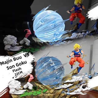 โมเดลฟิกเกอร์ PVC รูปปั้น Dragon Ball Z Majin Buu VS Son Goku ขนาด 22 ซม. พร้อมไฟ Led สําหรับตกแต่งบ้าน