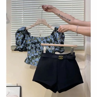 Summer Gentle Wear Womens 2023 New Korean Style Design Sense Puff Sleeve Shirt High Waist Shorts Two-piece Fashionable Set