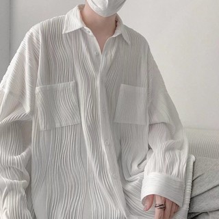เสื้อเชิ้ตแขนยาวลําลอง แต่งระบาย สีขาว สําหรับผู้ชาย