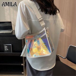 AMILA กระเป๋าสะพายข้างเลเซอร์ใส พกพาสำหรับการเดินทาง สำหรับชายหาด กระเป๋าสะพายข้าง PVC มีสไตล์