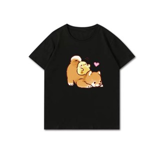 การ์ตูน Ins tide แบรนด์เกาหลี Shiba Inu ผ้าฝ้ายแท้สีดำแขนสั้นเสื้อยืดสไตล์ขี้เกียจด้านบน ชุดคู่