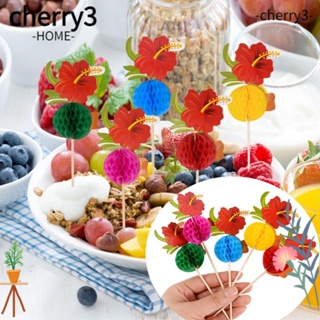 Cherry3 ใหม่ ไม้จิ้มฟันไม้ไผ่ ลายดอกไม้ ต้นมะพร้าว 3D แบบใช้แล้วทิ้ง สไตล์ฮาวาย สําหรับตกแต่งเค้ก 100 ชิ้น