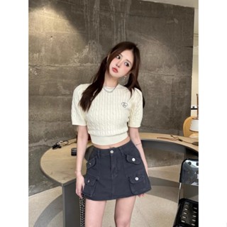 เสื้อกันหนาว คอกลม แขนสั้น ผ้าเรยอน เข้ารูป สไตล์เรโทร สําหรับผู้หญิง