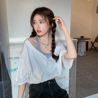 6535 เสื้อยืดลําลอง ผ้าฝ้าย แขนสั้น ทรงหลวม สไตล์เรโทร สองชิ้น สําหรับสตรี นักเรียน MC WJYZ