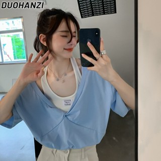Duohanzi เสื้อยืดลําลอง แขนสั้น ทรงหลวม สไตล์เรโทร สําหรับเด็กผู้หญิง สองชิ้น
