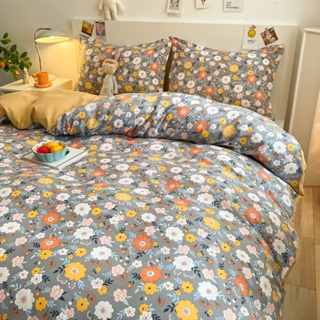 4 IN 1 ชุดเครื่องนอน ผ้าปูที่นอน ผ้าฝ้าย 100% พิมพ์ลายดอกไม้ สีพื้น สําหรับเตียงควีนไซซ์