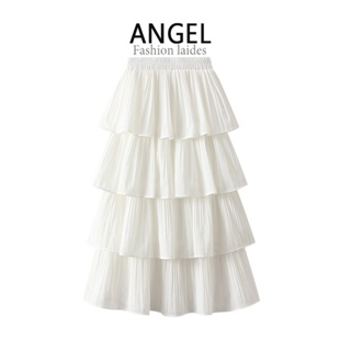 [5 สี] ANGEL แฟชั่นผู้หญิง midi กระโปรงสีทึบ เกาหลี ชั้นยืดหยุ่น เอวสูง ทรงเอ สีขาว บาง ขนาดใหญ่ กระโปรงพลีท สวิงยาว สําหรับผู้หญิง