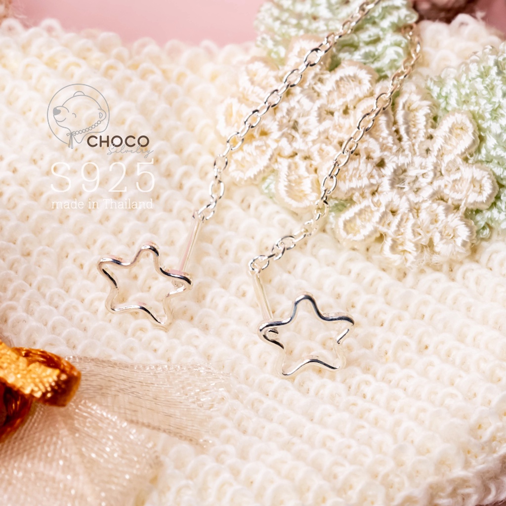 s925-ต่างหูโซ่ดาวเงินแท้-sterling-silver-star-stud-chain-earrings