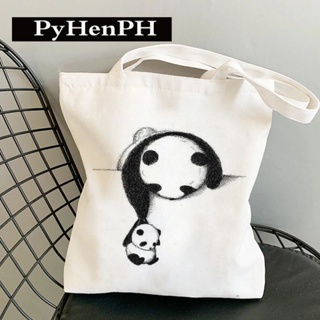 กระเป๋าผ้าแคนวาส พิมพ์ลายแพนด้า สไตล์จีน แบบพกพา สีดํา สีขาว สําหรับนักเรียน