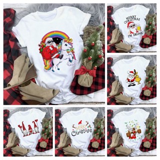 Christmas T shirt Santa เสื้อยืดคริสมาสต์สำหรับผู้หญิงเสื้อใส่ด้านในไซส์ใหญ่ใส่ในฤดูร้อน INS เสื้อแฟชั่นแขนสั้น