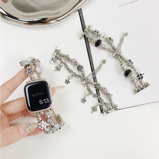 สายนาฬิกาข้อมือ สเตนเลส ประดับลูกปัดนําโชค สําหรับ Apple Watch 8 7 6 SE 5 4 3 2 1