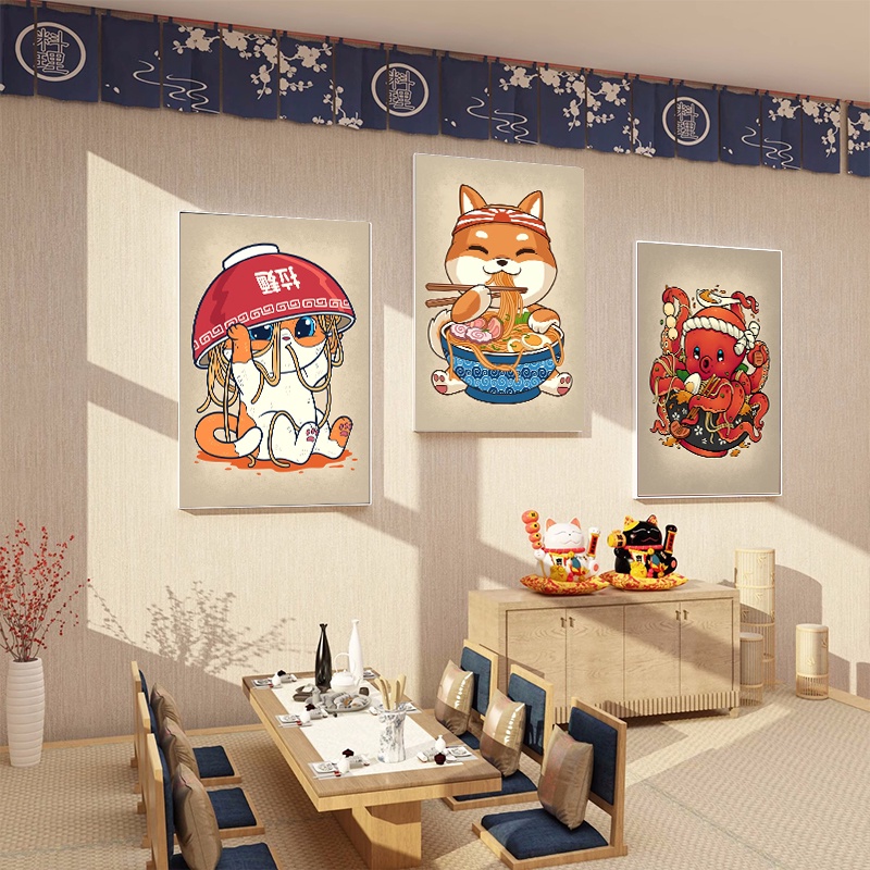 โปสเตอร์ภาพวาดผ้าใบ-รูปการ์ตูนแมวราเมง-สไตล์ญี่ปุ่น-สําหรับตกแต่งผนังบ้าน