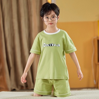 Summer new cute English cotton childrens short-sleeved pajamas cartoon kids home clothes