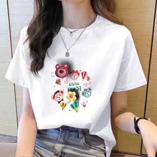 เสื้อยืดคอกลม แขนสั้น พิมพ์ลายการ์ตูน ทรงหลวม สีดํา สไตล์เกาหลี สําหรับผู้หญิง