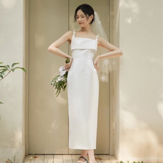 ชุดเดรส ผ้าซาติน สีขาว เหมาะกับงานเลี้ยงค็อกเทล งานแต่งงาน MZ516