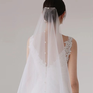 ผ้าคลุมหน้าแต่งงาน แบบเรียบง่าย สีขาว สีเบจ พร้อมลูกปัด ขนาดเล็ก สําหรับเจ้าสาว
