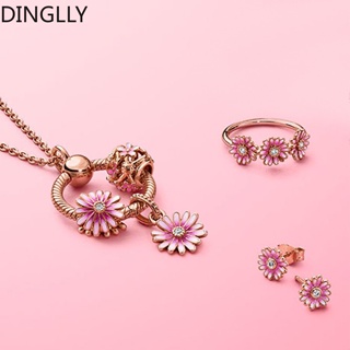Dinglly ชุดเครื่องประดับ สร้อยคอ แหวน ต่างหู จี้ดอกเดซี่ สีชมพู แฟชั่นสําหรับผู้หญิง 3 ชิ้น