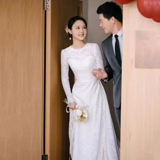 ชุดแต่งงานลูกไม้ฝรั่งเศสที่เรียบง่ายใหม่แขนยาวเจ้าสาวริมทะเลสนามหญ้าแต่งงานฮันนีมูนเดินทางชุดสีขาว
