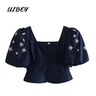 Uibey เสื้อเชิ้ตแขนพัฟ คอสี่เหลี่ยม ปักลาย สีพื้น แฟชั่น 4337