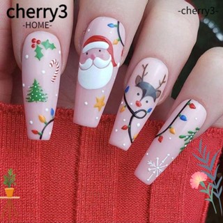 Cherry3 เล็บปลอม แบบสั้น สีแดง ลายซานตาคลอส อัลมอนด์ 24 ชิ้น