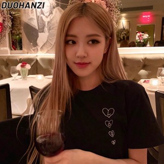 Duohanzi เสื้อยืดแขนสั้น ทรงหลวม สีดํา สไตล์เกาหลี สําหรับผู้หญิง
