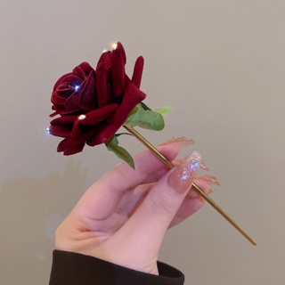 กิ๊บติดผม รูปดอกกุหลาบ ประดับพลอยเทียม สีแดง หรูหรา แฟชั่นใหม่ สไตล์เกาหลี สําหรับผู้หญิง