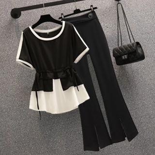 Fat sister temperament professional suit summer new size 2023 womens wear age-reducing thin shirt micro-stretch trousers two-piece set