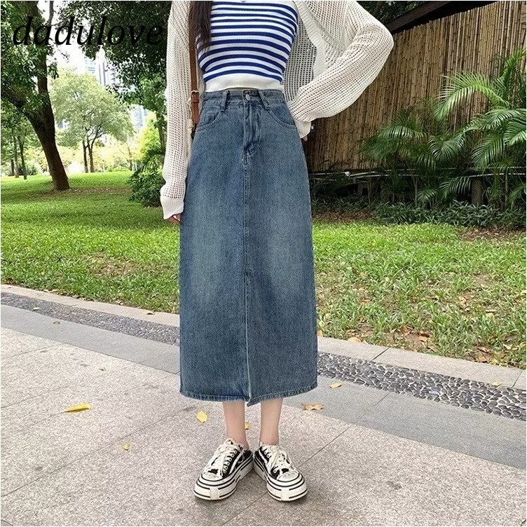 dadulove-new-korean-version-of-ins-retro-washed-slit-denim-skirt-niche-high-waist-a-line-skirt-bag-hip-skirt