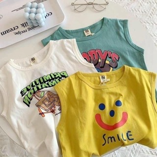 พร้อมส่ง เสื้อยืดแขนกุด ผ้าฝ้าย ลายการ์ตูนน่ารัก สไตล์เกาหลี และญี่ปุ่น แฟชั่นฤดูร้อน สําหรับเด็กผู้ชาย