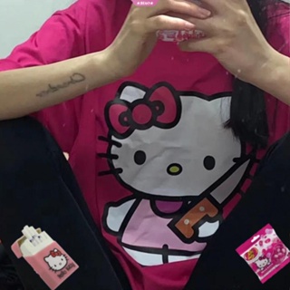 เสื้อยืดแขนสั้น พิมพ์ลายการ์ตูน Hello Kitty ทรงหลวม สไตล์เกาหลี ฮาราจูกุ ญี่ปุ่น สําหรับผู้หญิง นักเรียน