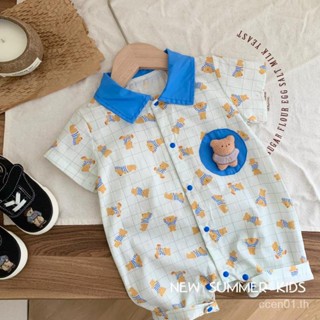 【เสื้อผ้าตุ๊กตาหมีน่ารัก】จั๊มสูทรอมเปอร์ ผ้าฝ้าย สีตัดกัน สไตล์เกาหลี เหมาะกับฤดูร้อน สําหรับเด็กทารกผู้ชาย และเด็กผู้หญิง