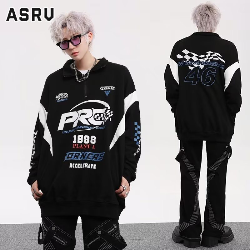 asrv-เสื้อสเวตเตอร์ซิปครึ่งตัวผู้ชายแบรนด์อินเทรนด์แนวสตรีทสไตล์อเมริกันหลวมสไตล์รถแข่ง