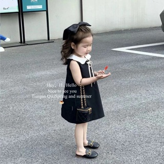 Childrens wear 2023 girls spring and summer Korean version of the new lotus leaf lapel vest dress girls foreign style princess dress skirt
