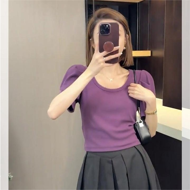 เสื้อยืดแขนสั้น-แขนพัฟ-เข้ากับทุกการแต่งกาย-แฟชั่นฤดูใบไม้ร่วง-สไตล์เกาหลี-คลาสสิก-สําหรับผู้หญิง