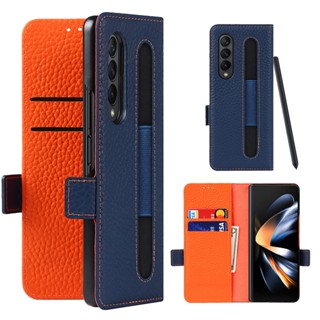 เคสหนังธรรมชาติ แบบฝาพับ พร้อมช่องใส่บัตร และช่องใส่ปากกา สําหรับ Samsung Galaxy Z Fold5 Fold4 Fold3