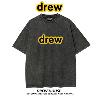 A2/Drew House Bเบอร์ หน้ายิ้ม ลายดอกคอกลมสูง ล้างน้ําทําเสื้อแขนสั้นแบบหลวมๆ เก่าๆ แบบ street street